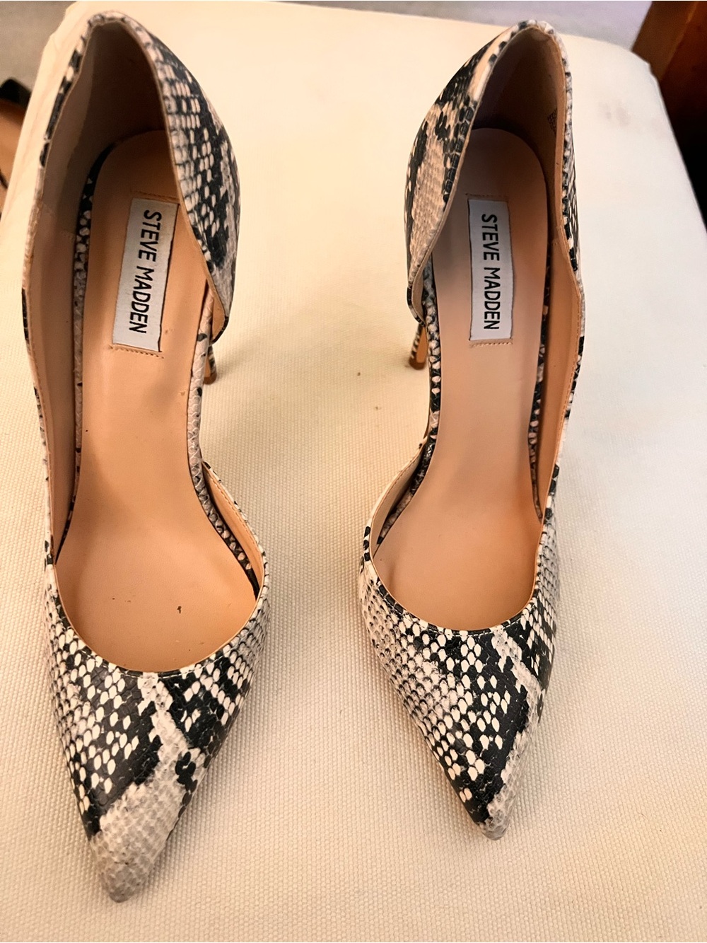 Steve Madden Black and White Snake-Print D'Orsay Pumps